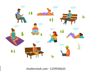 young men and women with mobile phones laptops tablets working chatting texting in the city park isolated vector illustration set