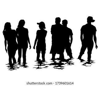 Young men and women on vacation at sea. Isolated silhouettes on a white background
