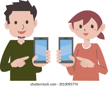 Young men and women operate smartphones
