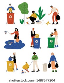 Young Men and Women Picking Up Litter Outdoors Set, People Gathering and Sorting Waste for Further Processing Vector Illustration