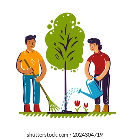 Young men and women plant trees. Clean ecology, better environment, volunteer concept projects