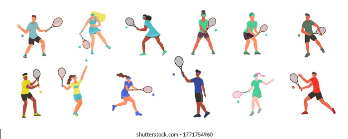 Junge Männer und Frauen spielen Tennis. Eine Reihe von flachen Zeichen einzeln auf weißem Hintergrund. Vektorgrafik