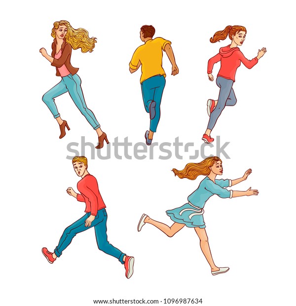 Young men, women running\
away set. Male, female characters running looking back with afraid\
frightened face. Isolated vector illustration in sketch\
style