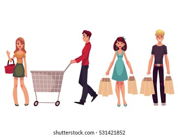 Young men and women with shopping bags, cart, basket, cartoon vector illustration isolated on white background. Full length portrait of young people doing shopping consumerism concept