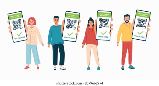 Young men and women show the QR code of the Covid-19 coronavirus vaccination certificate on the phone screen. Digital sanitary pass, vaccine passport. Travel permit. Isolated vector illustrations