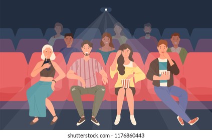 Jóvenes sentados en sillas en el cine o en el auditorio de cine. Amigos o compañeros viendo películas o películas juntos. Vista frontal. Ilustración vectorial de color en forma de dibujo plano.