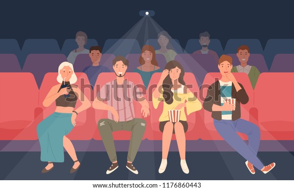 映画館や映画館の講堂で椅子に座っている若い男性や女性 映画や映画を一緒に見ている友人や友人 正面図 平らなカートーンスタイルの色付きベクターイラスト のベクター画像素材 ロイヤリティフリー