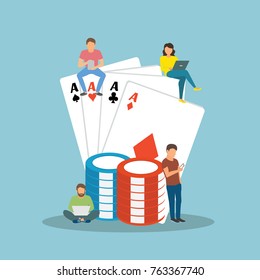 Young men and women sitting on speakers and using smartphone and laptop to gamble amd play games online . Flat concept illustration of app addiction on blue background