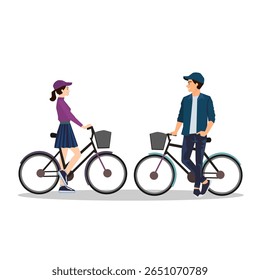 Young men and women stand beside their bicycles, facing each other.Vector illustration isolated on white background.