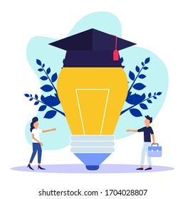 Young men and women stand next to a large lamp with a toga on it. the concepts of education, business and lifestyle. Modern vector illustration.