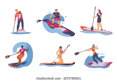 Young men an women stand on paddle boards in sea or ocean waves. People enjoy of extreme water sport - sup surfing. Summer activity and healthy lifestyle. Vector illustrations.