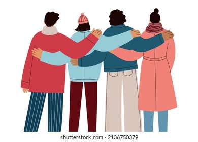 Young men and women stand together and hug. Concept of support and friendship. Vector trendy illustration