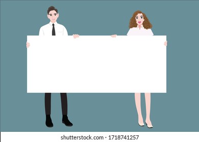 Young Men And Women Standing And Holding A White Sign Style Vector Cartoon Comics Illustration