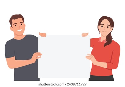 Young men and women standing and holding a white sign. Flat vector illustration isolated on white background