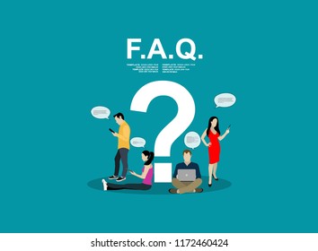 Young men and women standing near big question symbol and using their smart phones for texting to live chat, asking for help via internet. Flat concept illustration of online support.