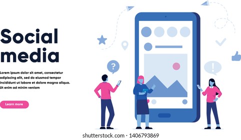 Young men and women are standing near big smartphone with app on screen and using smart phones, news and texting message to friends. Flat vector concept illustration, landing page and banner template