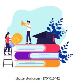 Young men and women standing near a pile of books. Toga on the book. Education, business and lifestyle. Modern vector illustration.