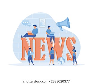 Young men and women are standing near big letters and using their own smart phones for reading news. Breaking news concept. flat vector modern illustration