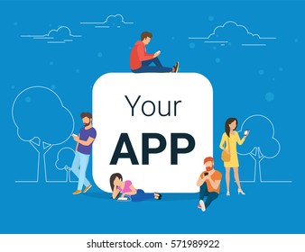 Young men and women are standing near big mobile app symbol and using their smart phones, reading news and texting message to friends. Flat concept illustration of white app blank on blue background