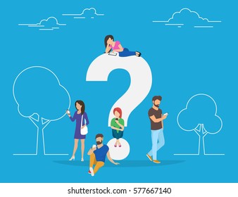 Young men and women standing near big question symbol and using their smart phones for texting to live chat, asking for help via internet. Flat concept illustration of online support on blue