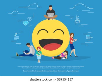 Young men and women standing near big emoji head symbol and using their smart phones for texting to live chat, messengers and networks. Flat concept illustration of online talk on blue background