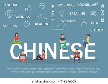 Young men and women are standing near big letters and using their own smart phones and books for learning Chinese for reading news. Flat desig