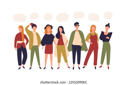 Young men and women standing together in row and speech bubbles isolated on white background. Talking or speaking people. Male and female cartoon characters. Flat colorful vector illustration.