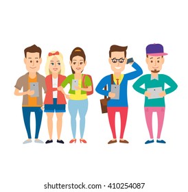 young men and women students with gadgets smart phone tablet isolated on white background