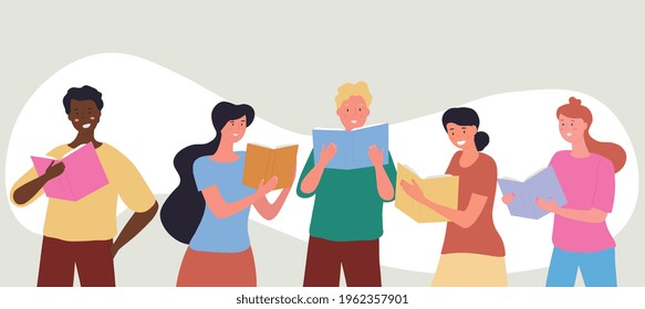 Young men and women students reading books. Readers standing and holding open textbooks or paperback books. Education, literature and knowledge concept. Flat cartoon vector illustration