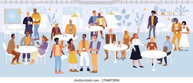 Young men, women, students, romantic couples, business people spending time in cafe, dining area, food court. Visitors chatting, eating, negotiating, carrying food trays vector flat illustration.