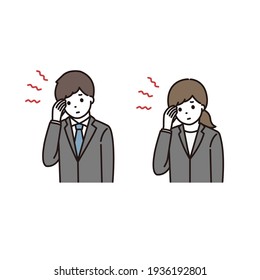 Young men and women in suits suffering from headaches