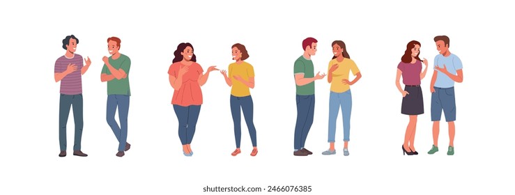 Hombres y mujeres jóvenes hablando, chismorreando, susurrando secretos, contando noticias. Personas de pie cuerpo entero. Ilustración vectorial de dibujos animados de estilo plano.