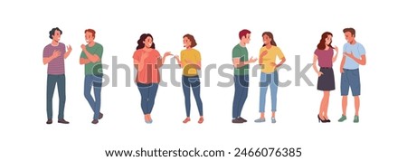 Young men and women talking, gossiping, whispering secrets, telling news. People stand full body. Flat style cartoon vector illustration.