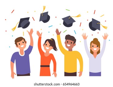 Young men and women toss up academic hats. Graduation ceremony concept. Flat style vector illustration isolated on white background.