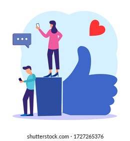 Young men and women use their smartphones and mobile gadgets for social networking and blogging with large icons in the background. Social media and marketing concepts. Modern vector illustration.