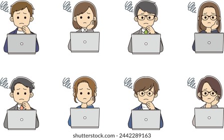 Young men and women using computers with troubled faces
