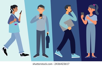 Young men and women using gadget or smartphone. Vector illustration.