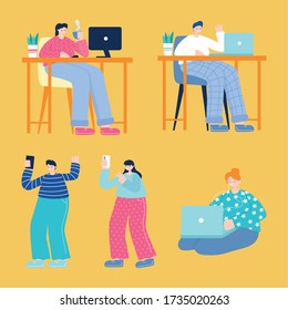 young men and women using smartphone computer laptop technology devices vector illustration
