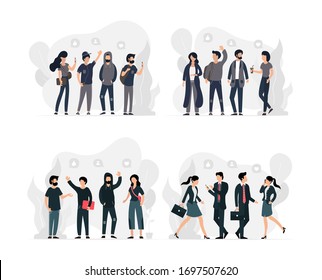 Young men and women with various jobs and activities with a white background. Social diversity. Flat cartoon vector illustration.