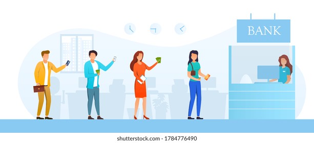 Young men and women waiting their turn in line to cashier in bank. Vector illustration