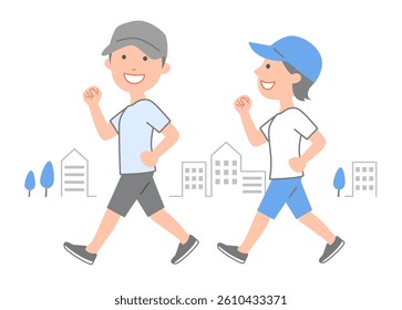 Young men and women walking for health. The illustrations are 3.5 heads tall and friendly and cute. The simple colors make it easy to use.