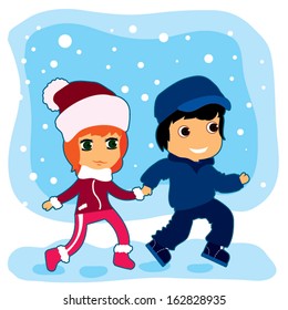 Young men and young women walking on winter vacations. Vector illustration