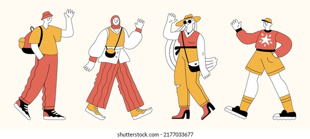 Young men and women walking and waving hands. Male and female full length characters greeting. Diverse cheerful people wearing trendy clothes. Flat hand drawn cartoon vector illustration