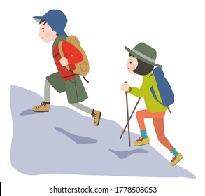 Young men and women wearing audoa wear climbing rocky mountains with a serious expression.Vector illustration.