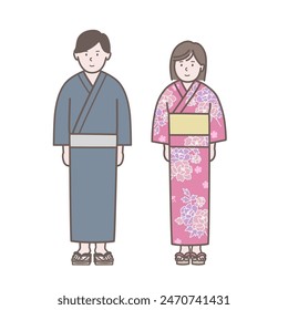 Young men and women wearing yukata