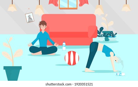 Young men and women  Who are doing yoga  In the living room in the morning for a healthy body.  Flat style vector illustration for content  Relaxation lifestyle, morning activity, yoga, happiness.