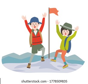Young men and women who are overjoyed by raising their hands at the summit. Vector illustration.