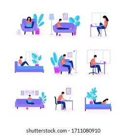 Young men and women work at home with a laptop. Freelancer works at the table, on the couch, armchair, bed. Vector illustration in a flat style