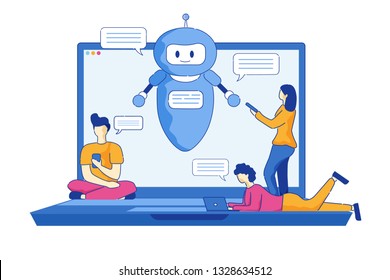 Young Men and Women Write Messages Using Chatbot. Vector Illustration on White Background. Cartoon Smiling Chatbot on  Blue Laptop Background Helps to Communicate to Users Social Networks.