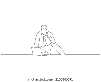 Young men working with a laptop in line art drawing style. Composition of people using technology. Black linear sketch isolated on white background. Vector illustration design.